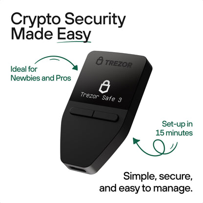 Trezor Safe 3 - Portefeuille Matériel Crypto Protégé par Phrase Secrète et Élément Sécurisé, Sécurité Bitcoin, Support de Plus de 1 000 Cryptos, Interface Facile à Utiliser (Cosmic Black)